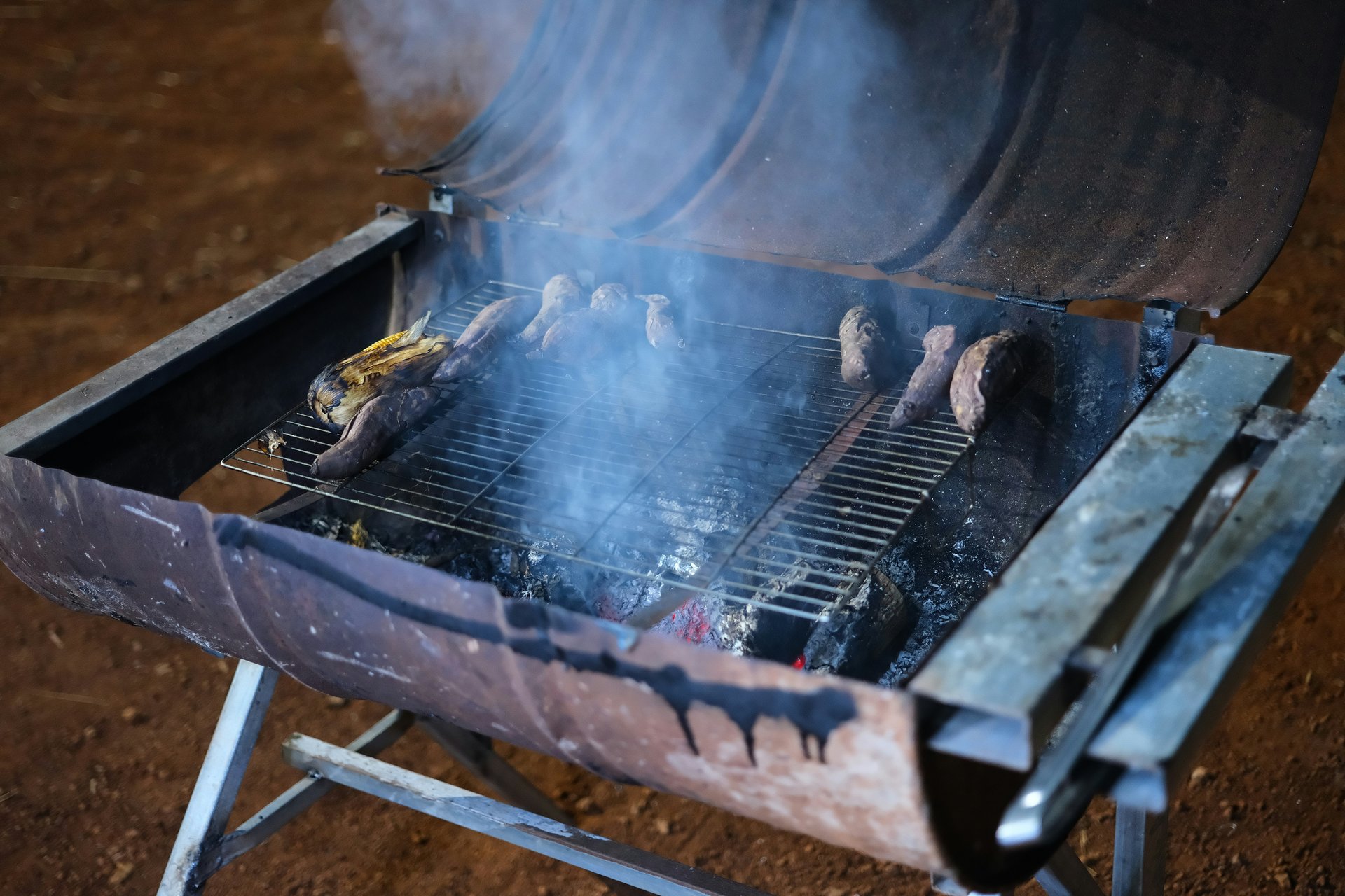 Mountain barbeque on the lawn: smoke rising off the grill with sweetcorn and coals