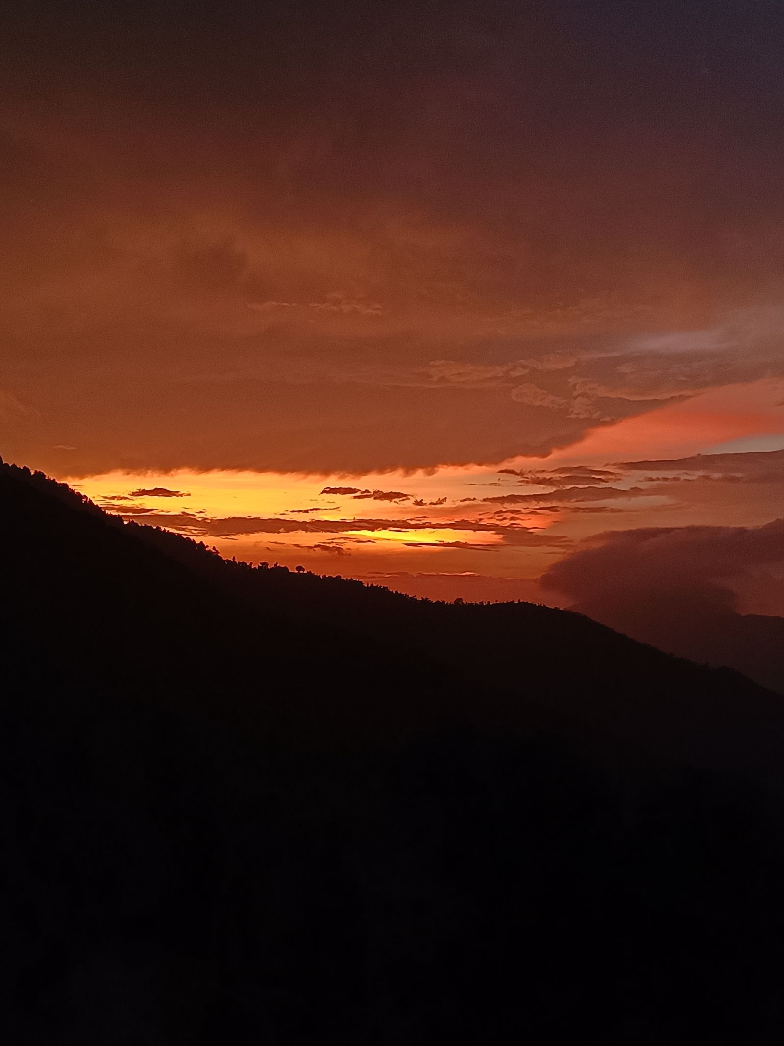 Golden sunset sky over layered Himachal ranges — the view from the Standard room's balcony